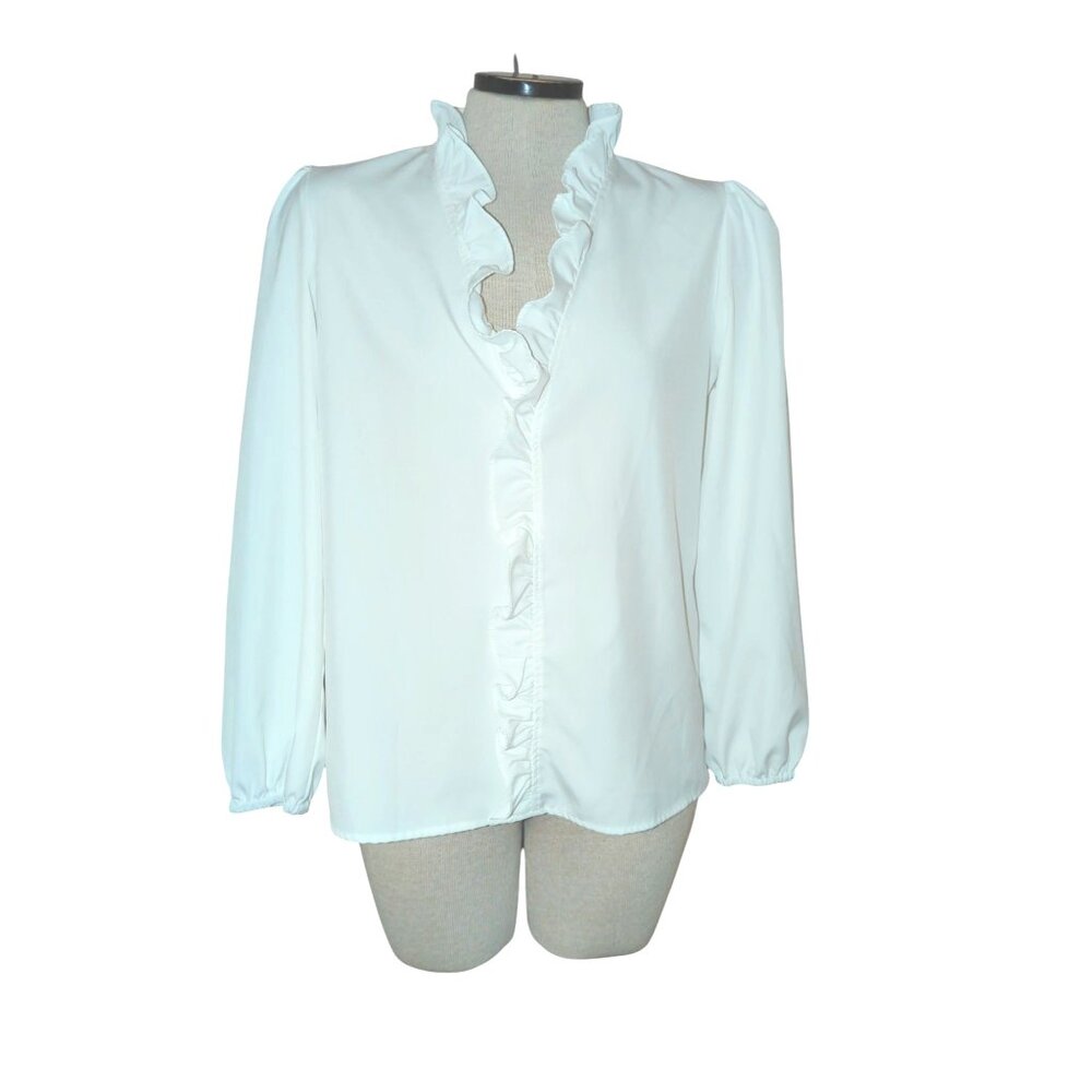 Womens White Ruffle Front Long Sleeve Blouse Size S Elastic Cuffs-270lp
